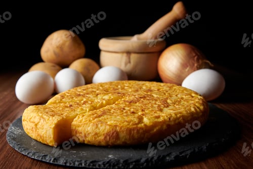 Preview: A top view shot of a fresh tasty Spanish omelette and the ingredients, a traditional dish from Spain