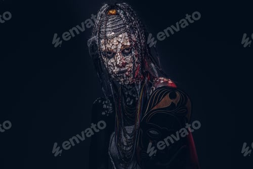 Preview: Close-up portrait of a witch from the indigenous African tribe, wearing traditional costume