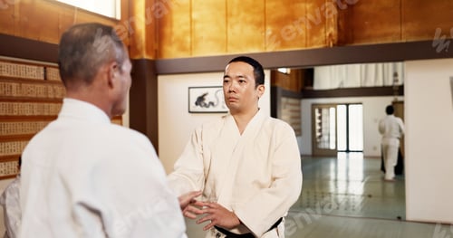 Preview: Men, aikido fighting or sensei for combat, training or black belt students for martial arts. Energy