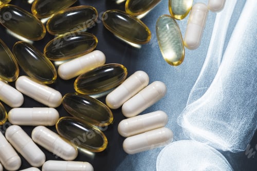 Preview: Close-up of X-ray image and different pills and capsules