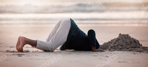 Preview: Search, digging and a man in the beach sand in nature for travel fun or holiday adventure in summer