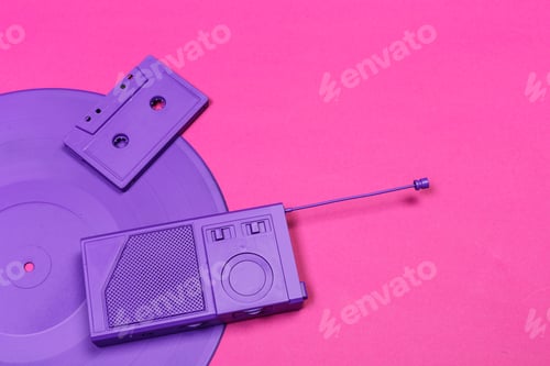 Preview: Retro radio and cassette on vinyl record with bright pink background