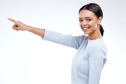 Preview: Mock up, portrait smile and woman point at sales promotion, advertising copy space or discount deal
