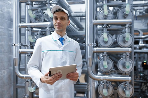 Preview: man in a white robe with a tablet in his hands is in the production shop at the factory