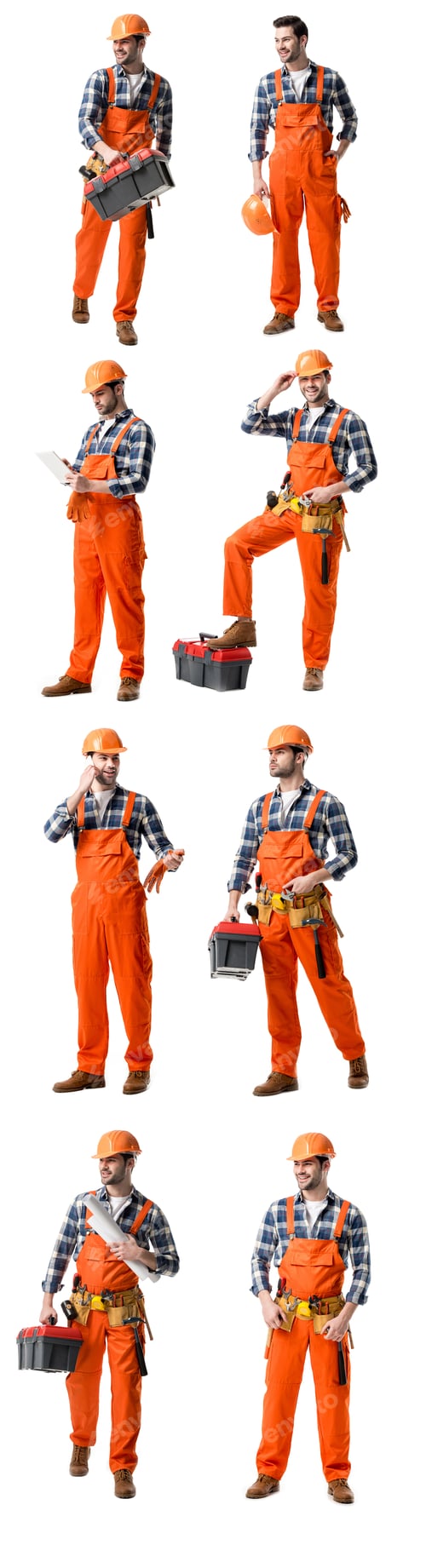 Preview: collage of handsome repairman in orange uniform holding tool case, blueprints and talking on