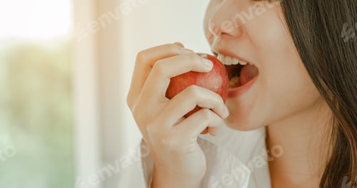 Preview: Young woman asia wake up refreshed in the morning and relaxing eat coffee, cornflakes, bread apple