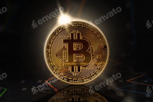 Preview: Sunrise behind gold bitcoin standing on financial graphs for cryptocurrency prices