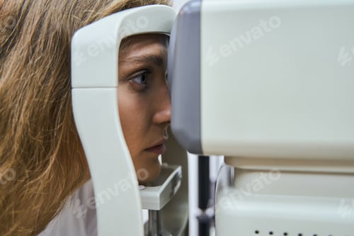 Preview: Beautiful young woman having eye examining in clinic