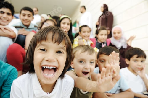 Preview: Crowd Of Children, Different Ages And Races In Front Of The School, Breaktime