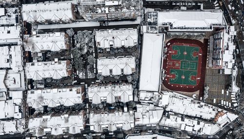 Preview: Aerial shot of buildings covered in snow in Wuhan, China.