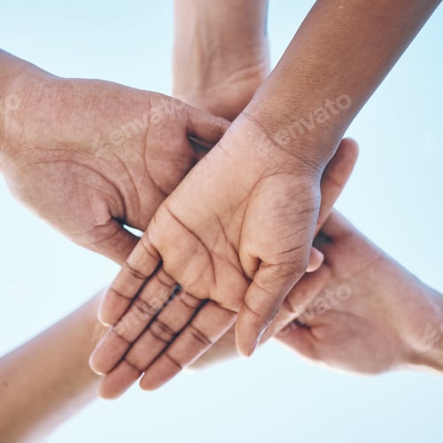 Preview: Blue sky, hands stack and together for team building motivation, group cooperation or community goa