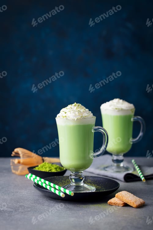 Preview: Matcha Green Tea Latte with Whipped Cream. Copy Space.