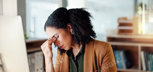 Preview: Business woman, headache and stress on computer for Human Resources fail, mistake or payroll error