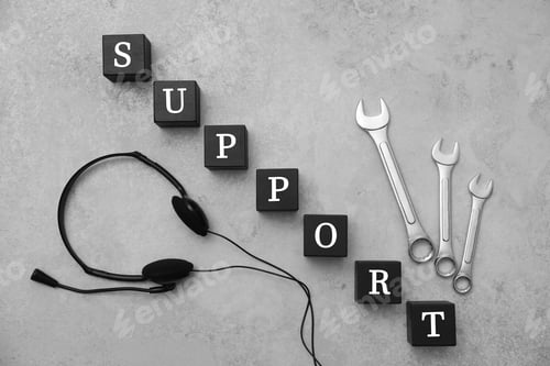 Preview: Flat lay composition with word SUPPORT, headset and wrenches on grey background. Technical service