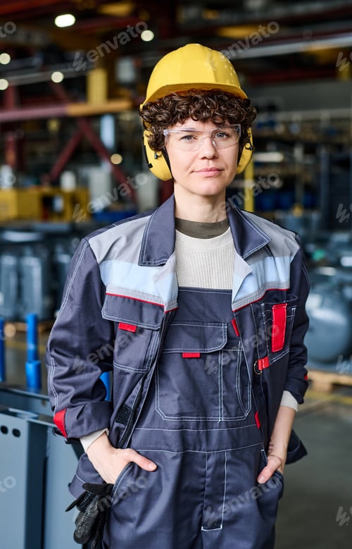 Preview: Young female worker of warehouse in uniform, protective helmet and headphones