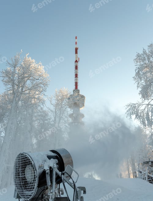 Preview: Snowmaking machine in action on a cold winter day in ski resort Sljeme near Zagreb, Croatia