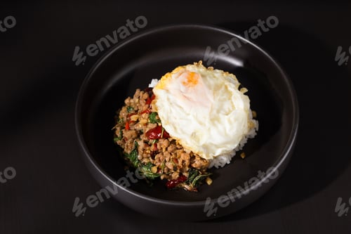 Preview: Rice topped with stir-fried pork and basil and a fried egg.