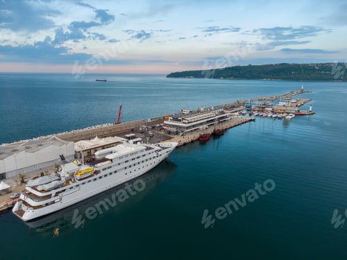 Preview: aerial view of luxury yacht in port