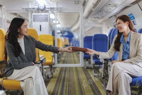 Preview: Businesswomen exchanging book on airplane during flight