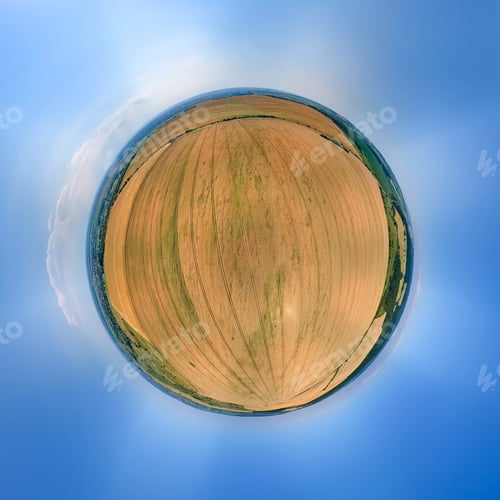 Preview: Aerial view from high altitude of little planet earth with yellow cultivated agricultural field