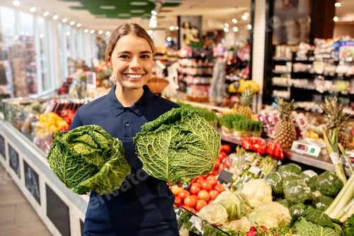 Preview: Smiling grocery store employee holding fresh cabbage heads