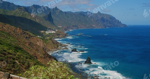 Preview: Beautiful seashore. Playa del Roque de las Bodegas, north of Tenerife, Spain. Green coastline