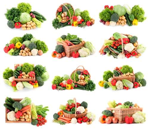 Preview: Fresh vegetables in piles on white background, set