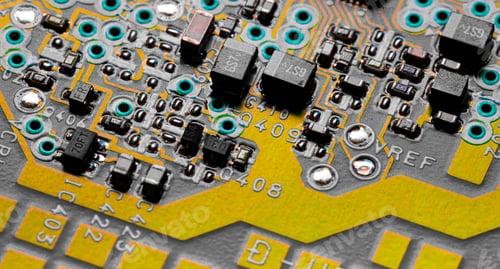 Preview: Close up shot of printed wiring and components on PC circuit board