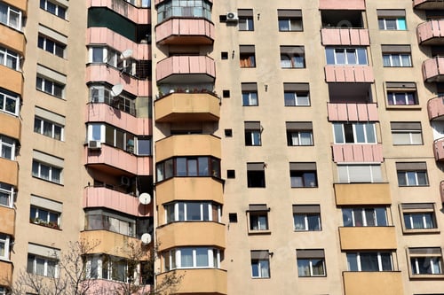Preview: Worn out apartment building from the communist era. Traditional communist housing ensemble