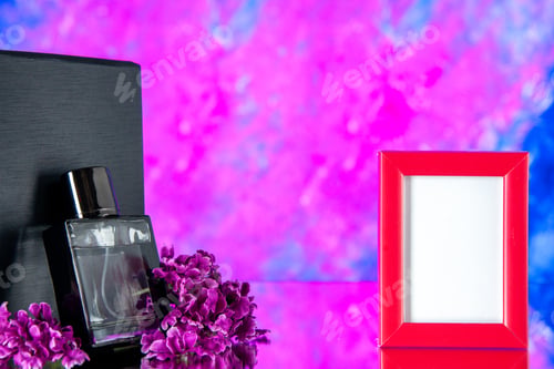 Preview: front view black fragnance with pink picture frame on light-pink background portrait gift scent