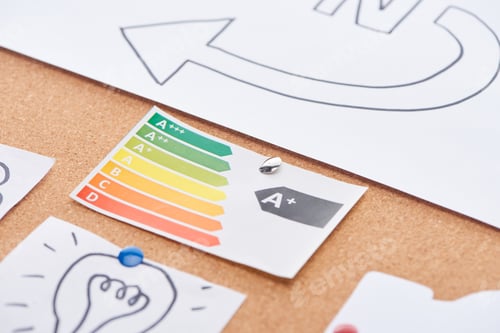 Preview: paper card with rainbow spectrum colored diagram and idea sign drawing pinned on cork office board