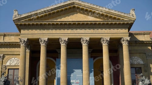 Preview: Facade of ancient building with columns and triangular portico. Action. Beautiful historical
