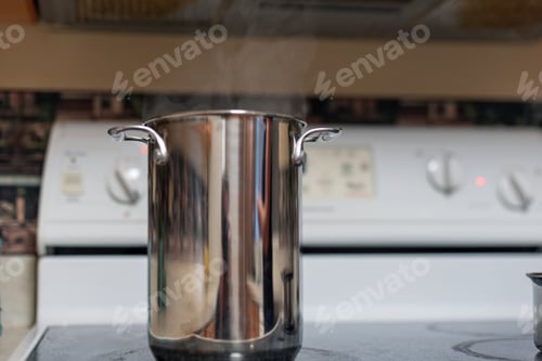 Preview: Steaming stainless cooking pot on an electric stove