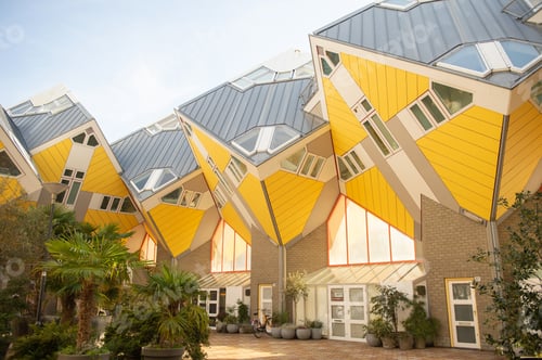 Preview: Netherlands, Rotterdam, October 2022. Cubic apartment buildings in Rotterdam, courtyard