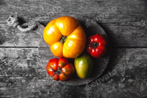 Preview: Composition with delicious tomatoes, wooden board and products on grey background, healthy food