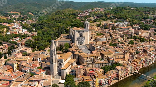 Preview: Aerial view of Girona and Church of Sant Feliu and Saint Mary Cathedral in a beautiful summer day
