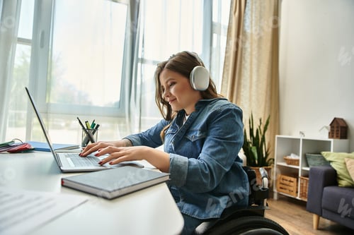 Preview: Modern apartment lifestyle: woman in wheelchair works on laptop