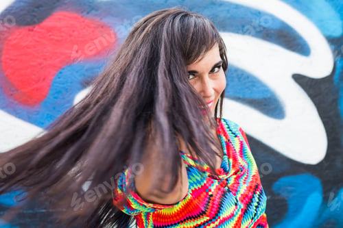 Preview: Happiness and craziness. Smiling funny girl have fun outdoor and dances. Young attractive woman with
