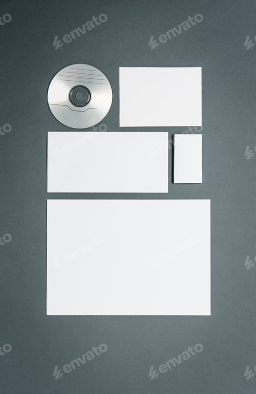 Preview: Mock-Up Business Template With Cards, Papers, Disk. Gray Background.