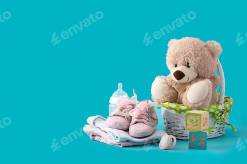 Preview: Teddy bear, pacifier, feeding bottle and shoes