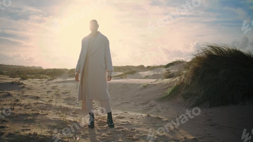 Preview: Woman silhouette posing sunlight at sand dunes. Beautiful calm model admiring