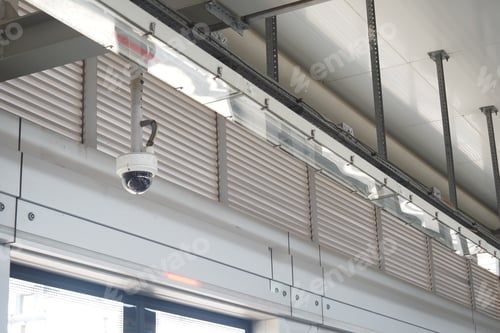 Preview: Security camera mounted on industrial ceiling in a modern building