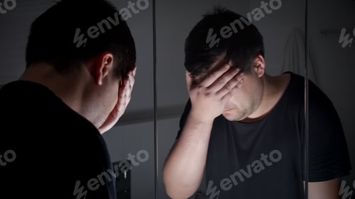 Preview: Sad frustrated man looking in mirror and sighing. Concept of depression, suicide, stress