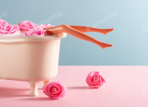 Preview: Smooth doll legs in hot bath with pink roses on blue and pink background. Spa concept.