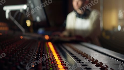 Preview: Music mixer, sound board and producer in radio industry, broadcast and scales in studio. DJ equipme