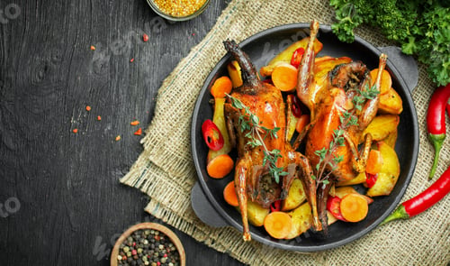 Preview: Baked quail with vegetables and herbs in a small frying pan on a wooden table.Copy space.