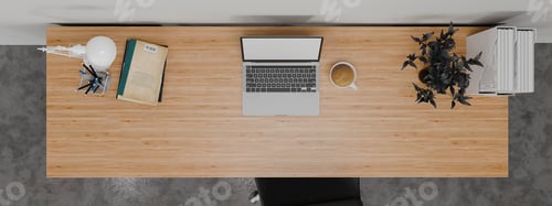 Preview: 3D render Wide Top view table - Creative flat lay wood office desk.