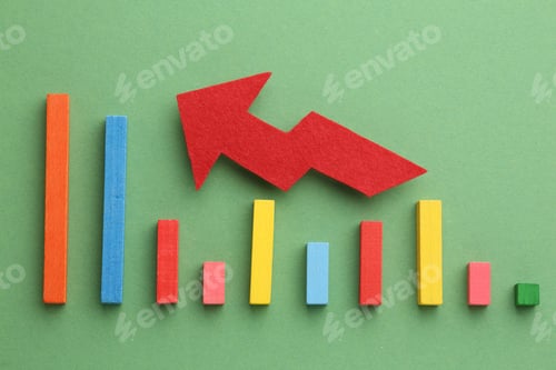 Preview: Colorful bar graph with arrow pointing upwards. Business, market growth and progress concept.