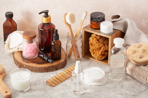 Preview: zero waste eco hygiene bathroom concept. wooden toothbrush soap reusable pads brush cosmetic