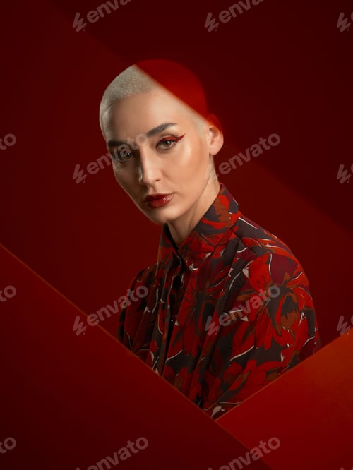 Preview: Woman, fashion and portrait with red aesthetic, beauty and makeup with floral shirt isolated on stu